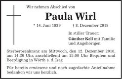Traueranzeige Paula Wirl