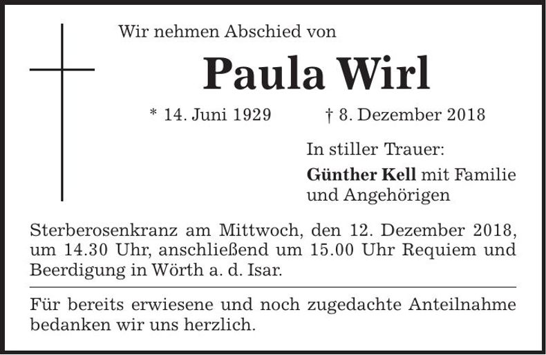 Traueranzeige Paula Wirl