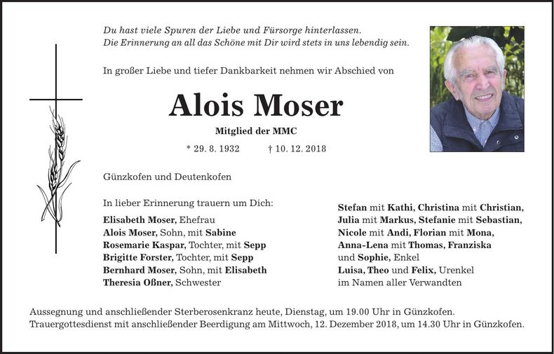 Traueranzeige Alois Moser