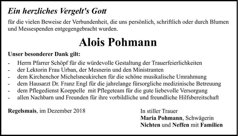 Traueranzeige Alois Pohmann
