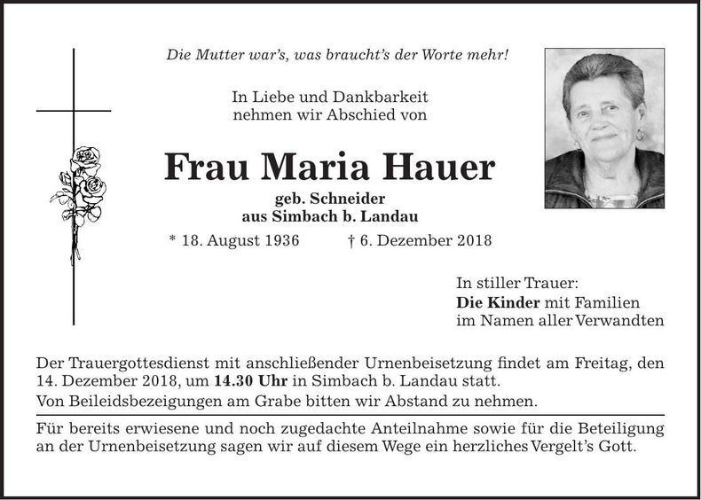 Traueranzeige Maria Hauer