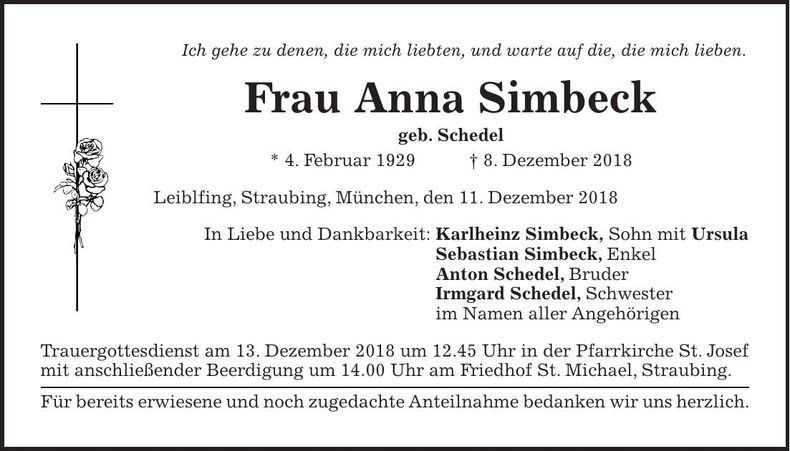 Traueranzeige Anna Simbeck
