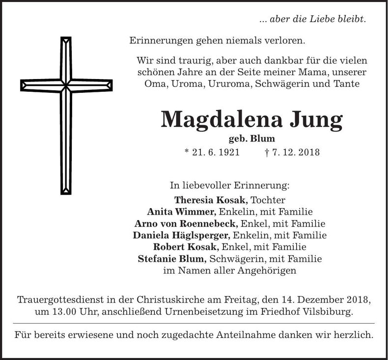 Traueranzeige Magdalena Jung