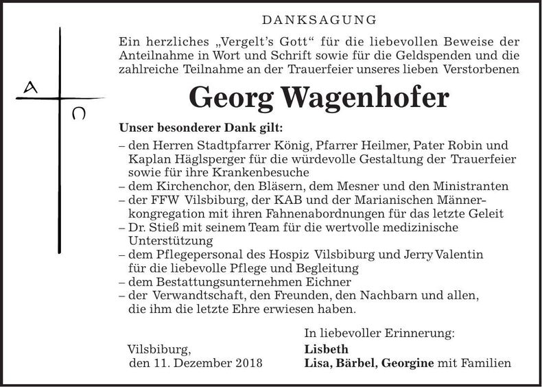 Traueranzeige Georg Wagenhofer