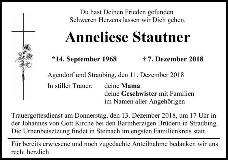 Traueranzeige Anneliese Stautner