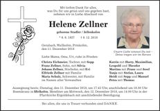 Traueranzeige Helene Zellner