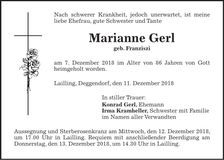 Traueranzeige Marianne Gerl