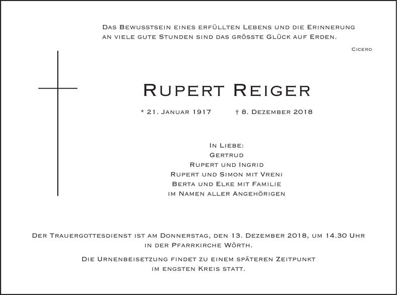 Traueranzeige Rupert Reiger