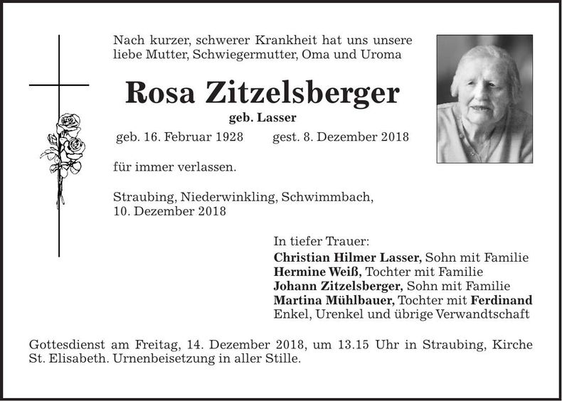 Traueranzeige Rosa Zitzelsberger