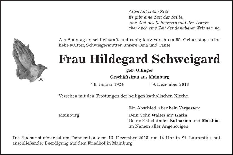 Traueranzeige Hildegard Schweigard
