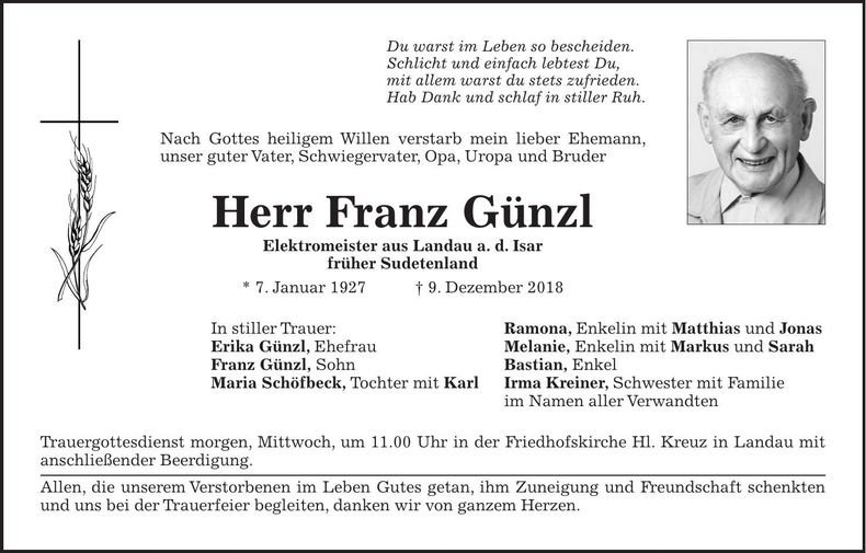 Traueranzeige Franz Günzl