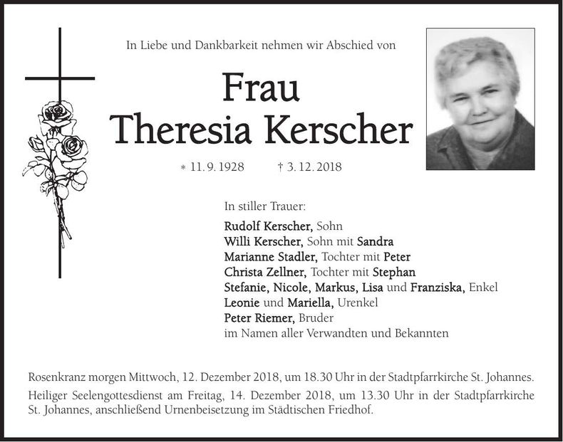Traueranzeige Kerscher Theresia