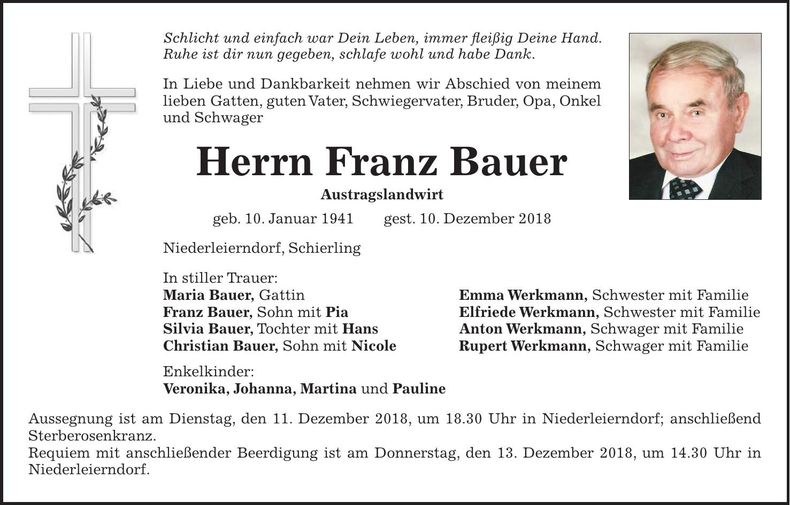 Traueranzeige Franz Bauer