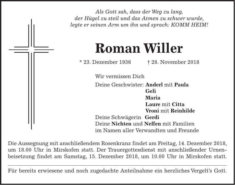 Traueranzeige Roman Willer