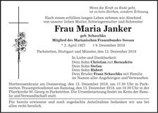 Traueranzeige Maria Janker