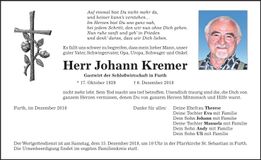 Traueranzeige Johann Kremer