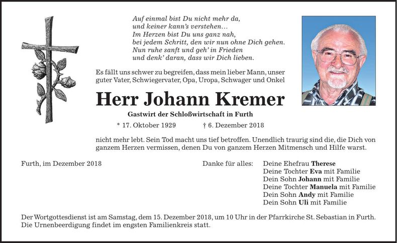 Traueranzeige Johann Kremer