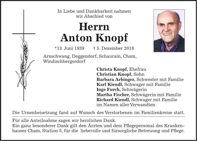 Traueranzeige Anton Knopf
