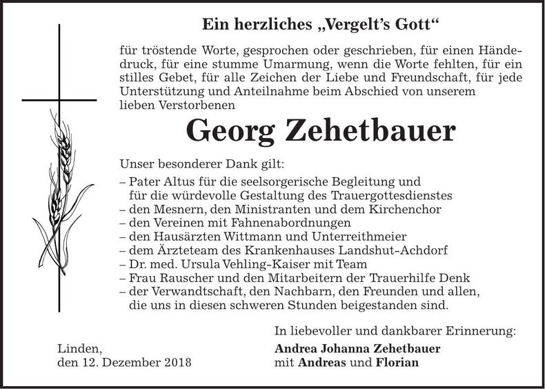 Traueranzeige Georg Zehentbauer