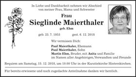 Traueranzeige Sieglinde Maierthaler