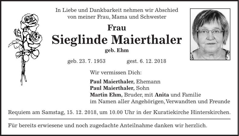 Traueranzeige Sieglinde Maierthaler