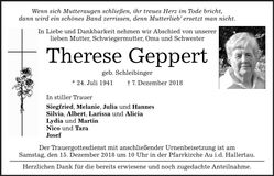 Traueranzeige Therese Geppert