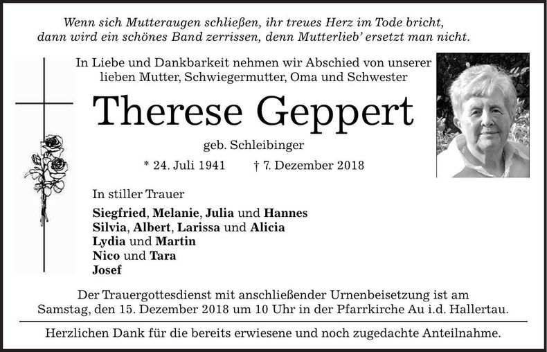 Traueranzeige Therese Geppert