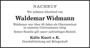 Traueranzeige Waldemar Widmann