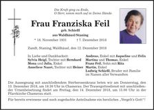 Traueranzeige Franziska Feil