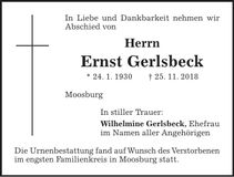 Traueranzeige Ernst Gerlsbeck
