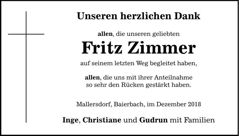 Traueranzeige Fritz Zimmer