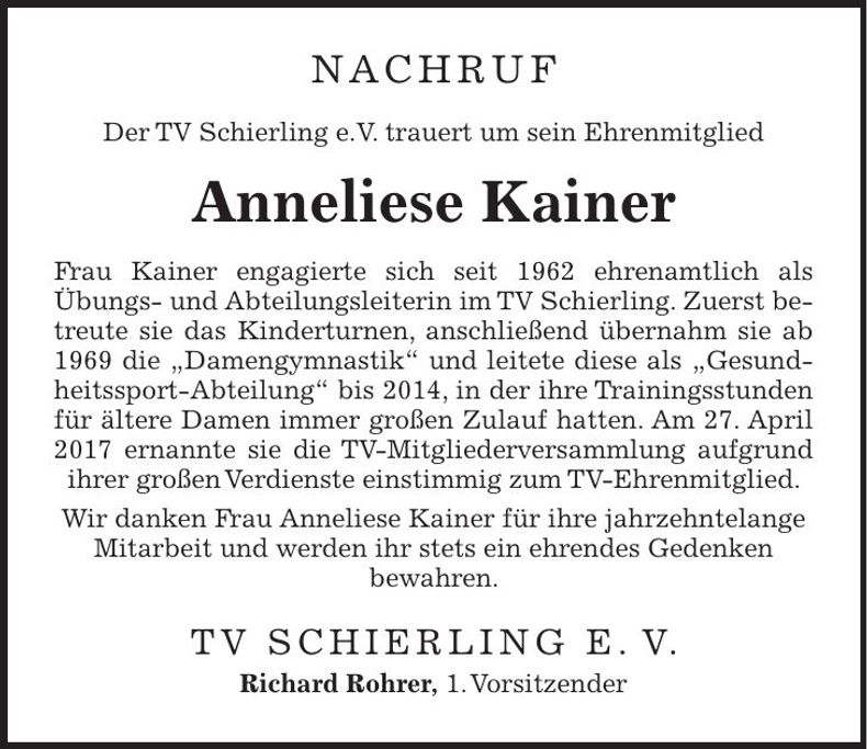 Traueranzeige Anneliese Kainer