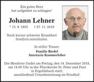 Traueranzeige Johann Lehner