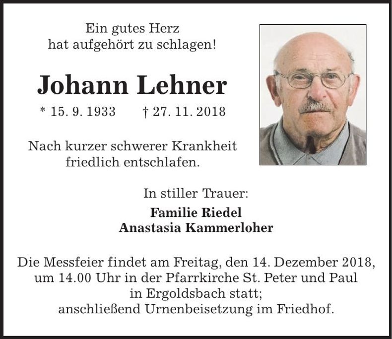 Traueranzeige Johann Lehner