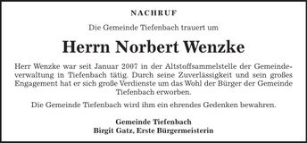Traueranzeige Norbert Wenzke