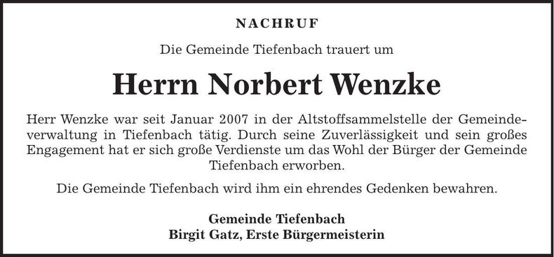 Traueranzeige Norbert Wenzke