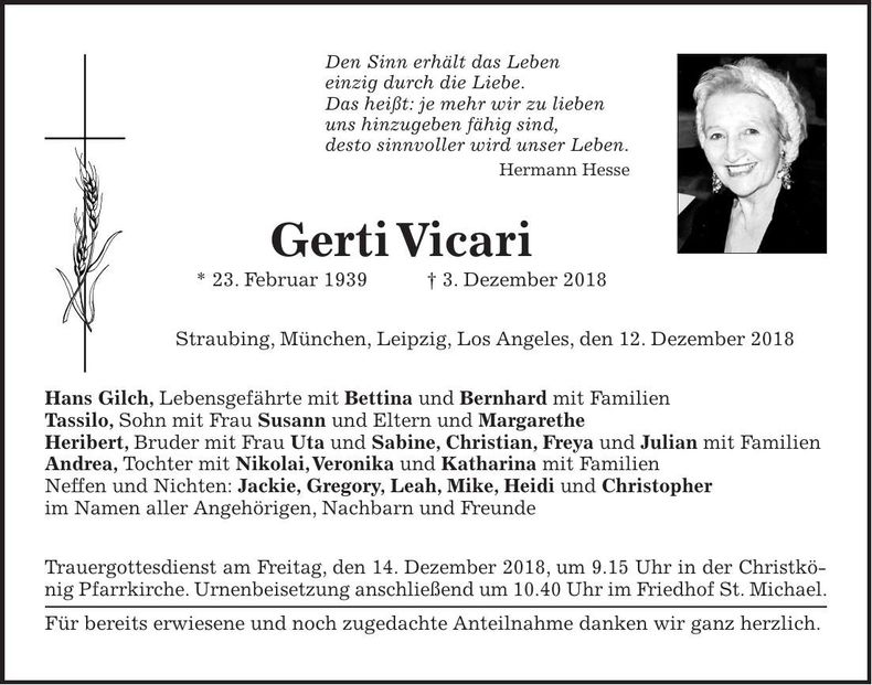 Traueranzeige Gerti Vicari