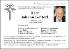 Traueranzeige Johann Ketterl