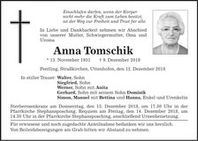 Traueranzeige Anna Tomschik