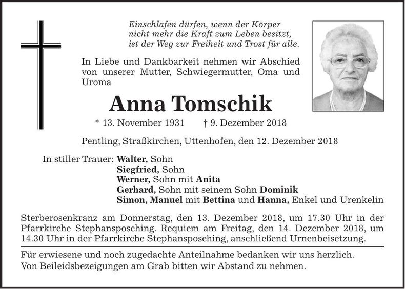 Traueranzeige Anna Tomschik