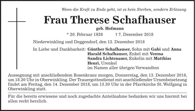 Traueranzeige Therese Schafhauser