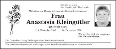 Traueranzeige Anastasia Kleingütler