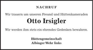 Traueranzeige Otto Irsigler