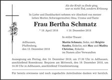 Traueranzeige Bertha Schmatz