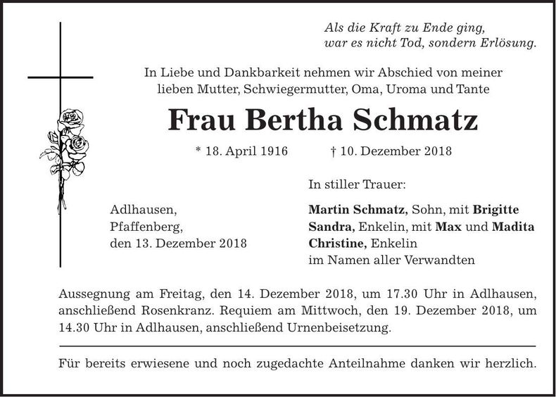 Traueranzeige Bertha Schmatz
