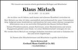 Traueranzeige Klaus Mirlach
