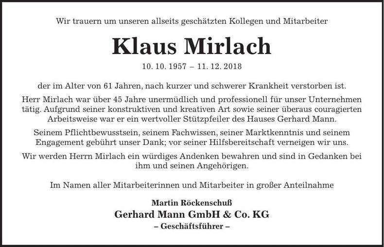 Traueranzeige Klaus Mirlach