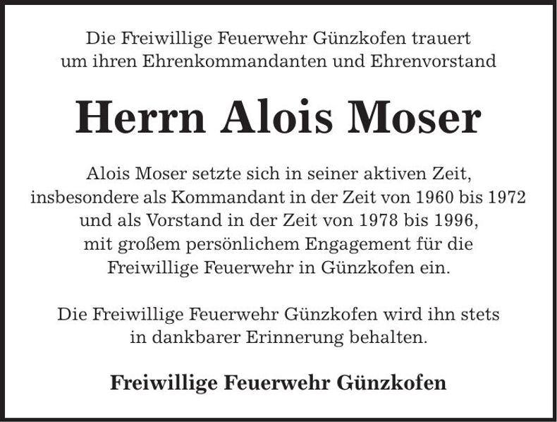 Traueranzeige Alois Moser