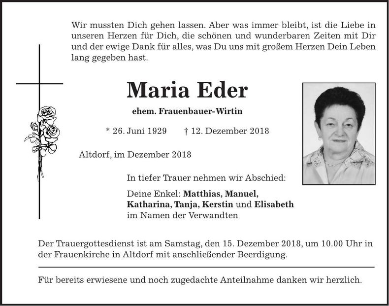 Traueranzeige Maria Eder
