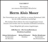 Traueranzeige Alois Moser